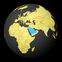 Saudi Arabia on dark globe with yellow world map. Country highlighted with blue color. Satellite world projection centered to Saudi Arabia. Attractive vector illustration.