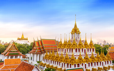 Naklejka premium Wat Ratchanatdaram or Loha Prasat (Golden Metal Castle) is the beautiful public temple landmark in Bangkok Thailand