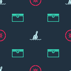 Set Compass, Bottle with message in water and Antique treasure chest on seamless pattern. Vector