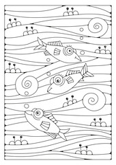 Coloring page for children and adults. Three fish swim in the waves. Art line. Art therapy. Vector illustration for coloring. Hobby.