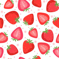 Seamless pattern with strawberry and sliced berries. Bright seamless design for fabric or wrapping paper.