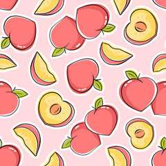 Seamless pattern with peach fruit and sliced peaches. Repeat design with stylied fruit drawing