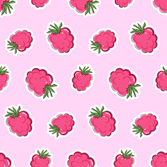 Seamless pattern with raspberry. Repeat design with stylied drawing of berries on pink background