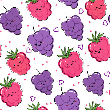 Seamless pattern with kawaii fruit drawing. Kids friendly pattern design with cute raspberry and grape