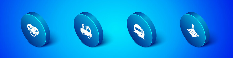 Set Isometric Baby dummy pacifier, Speech bubble mom, Whirligig toy and Toy train icon. Vector