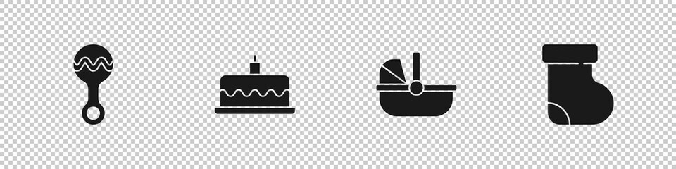 Set Rattle baby toy, Cake with burning candles, Baby stroller and socks clothes icon. Vector