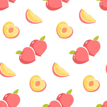 Seamless pattern with peach fruit and sliced peaches. Repeat design with stylied fruit drawing