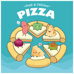 Vintage food poster design with vector pizza, onion, hot dog, cheese, green pepper character.