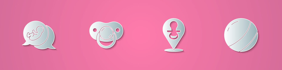 Set paper cut Baby, dummy pacifier, and Beach ball icon. Paper art style. Vector
