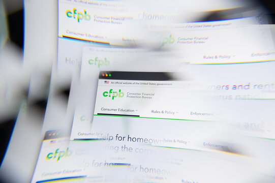 Milan, Italy - APRIL 10, 2021: CFPB Consumer Financial Protection Bureau logo on laptop screen through a prism. Illustrative editorial image from CFPB Consumer Financial Protection Bureau website