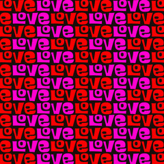 Repeating LOVE text in red and pink over dark background. Social media background or web background.