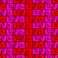 Repeating LOVE text in red and pink over purple background. Social media background or web background.