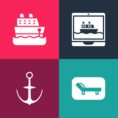 Set pop art Sunbed and umbrella, Anchor, Cruise ship and icon. Vector