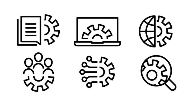Engineering, development and innovation, industry icon set in outline design. 2d, animation, cartoon, illustration, clip art, vector. Web sign in black and white. Alpha channel.