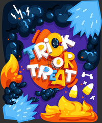 Cartoon trick or treat inscription on the smoke and fire background. Halloween kids vector color illustration 