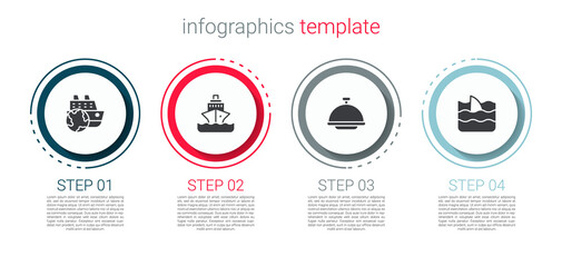 Set Cruise ship, , Covered with tray and Shark fin in ocean wave. Business infographic template. Vector