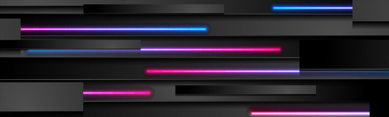 Abstract black stripes with blue purple neon glowing light. Vector technology banner design