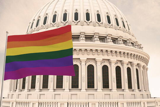 Beautiful flag of LGBT pride waving with the strong wind and behind it the dome of the Capitol USA 3D RENDER, 3D RENDERING LGBTQ, gay pride, LGBTQ+ . .
