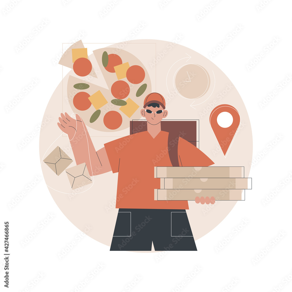 Wall mural food delivery service abstract concept vector illustration. online food order, 24 for 7 service, piz