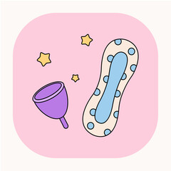 Doodle menstruation cup and reusable woman pad illustration. Cute cartoon intimate hygiene icon with pink background.