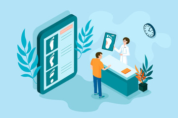 Patient  visiting orthopedist doctor in the cabinet. Cartoon character with broken leg, fracture or flat feet has consultation of doctor on  the blue background. Isometric 3d vector illustration.  