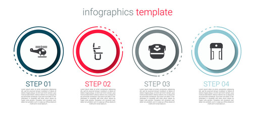 Set Helicopter, Airplane seat, Pilot hat and Metal detector in airport. Business infographic template. Vector