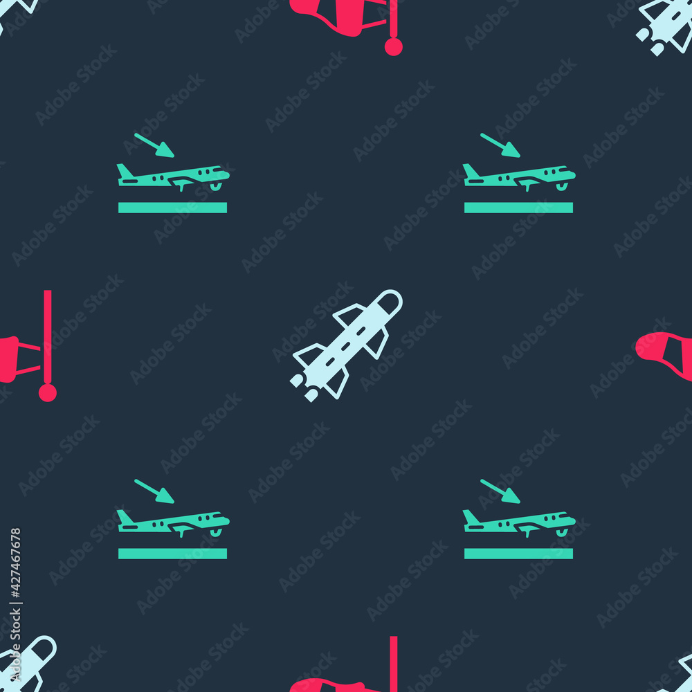Aufkleber set cone meteorology windsock, rocket and plane landing on seamless pattern. vector