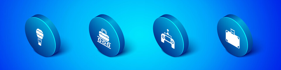 Set Isometric Hot air balloon, Drone remote control, Suitcase and Conveyor belt with suitcase icon. Vector