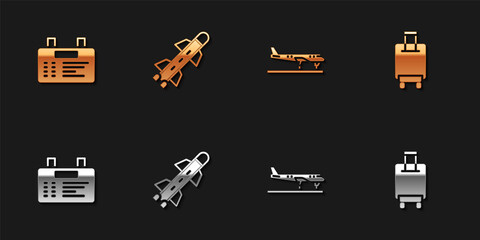 Set Airport board, Rocket, Plane and Suitcase icon. Vector