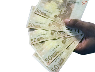 Hand holds euro currency in a fan. A pack of money in denominations of 50 euros. Isolated on a white background for copy paste text