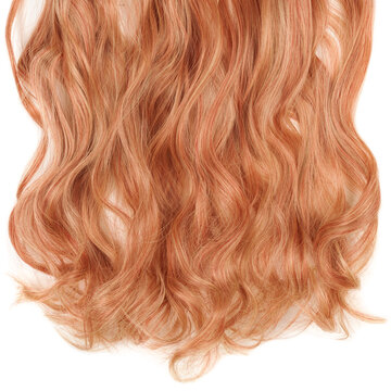closeup texture of single piece clip in wavy brown mixed with red highlights synthetic hair extensions