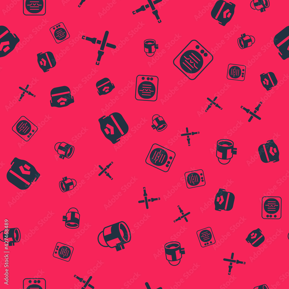 Aufkleber set jet engine turbine, marshalling wands, pilot hat and attitude indicator on seamless pattern. vec