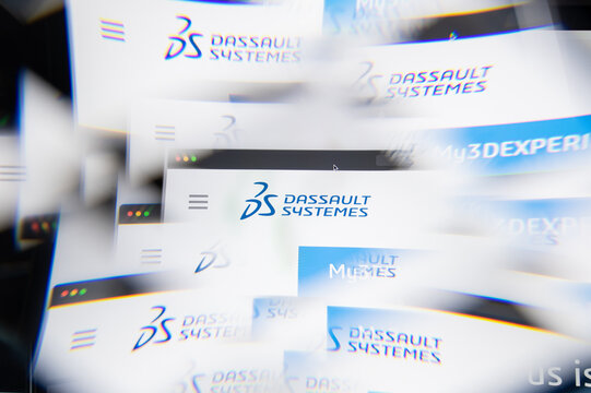 Milan, Italy - APRIL 10, 2021: Dassault Systemes logo on laptop screen seen through an optical prism. Illustrative editorial image from Dassault Systemes website.