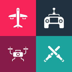 Set pop art Marshalling wands, Drone flying, remote control and Plane icon. Vector
