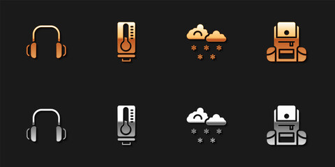 Set Winter headphones, Meteorology thermometer, Cloud with snow and Hiking backpack icon. Vector