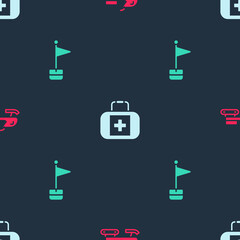 Set Snowmobile, First aid kit and Location marker on seamless pattern. Vector