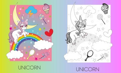 Cute Baby Unicorn Vector with Coloring Page