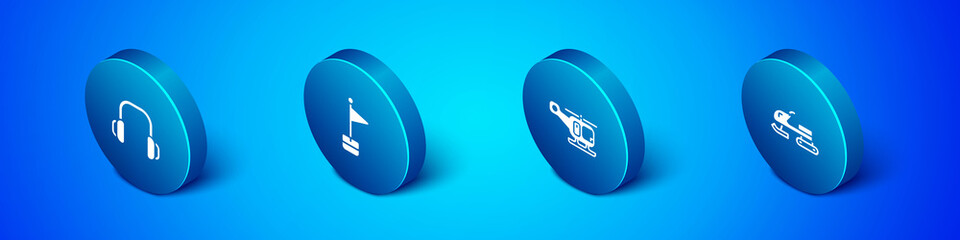 Set Isometric Winter headphones, Rescue helicopter, Snowmobile and Location marker icon. Vector