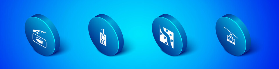 Set Isometric Winter fishing, Route location, Cable car and Identification badge icon. Vector
