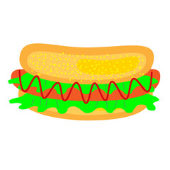 
hot dog with sausage, herbs and ketchup