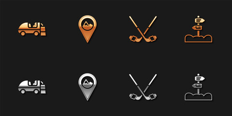 Set Ice resurfacer, Location with mountain, hockey sticks and Road traffic signpost icon. Vector