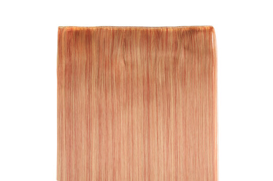 closeup texture of single piece clip in straight red mixed with blonde highlights synthetic hair extensions