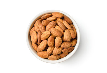 Flat lay (top view) of Almond nuts in white bowl  isolated on white background. Clipping path.