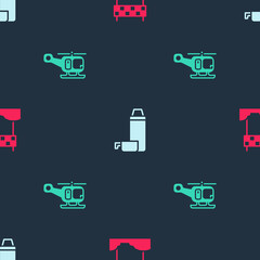 Set Ribbon in finishing line, Thermos container and Rescue helicopter on seamless pattern. Vector