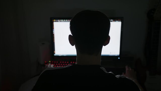 Rear view of man working on wide screen computer