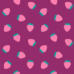 Pink strawberries with turquoise leaves on burgundy background, seamless pattern 