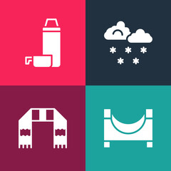 Set pop art Skate park, Winter scarf, Cloud with snow and Thermos container icon. Vector