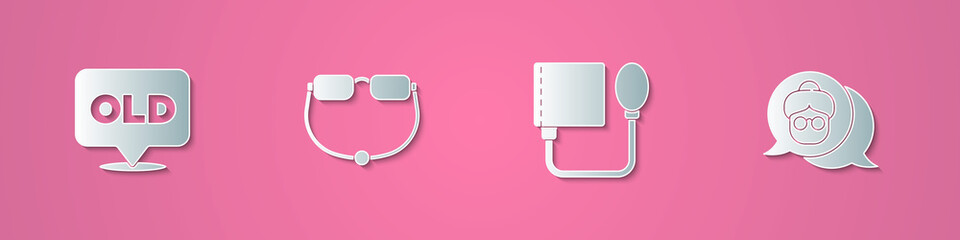 Set paper cut Nursing home, Eyeglasses, Blood pressure and Grandmother icon. Paper art style. Vector