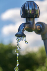 Pouring fresh water  from the metal tap with blurred nature background, selective focus