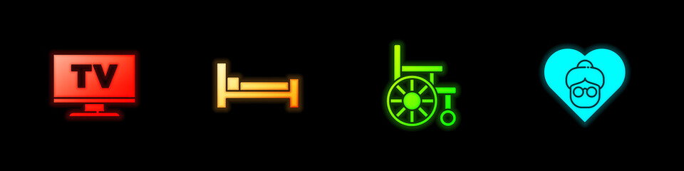 Set Smart Tv, Bed, Wheelchair and Grandmother icon. Vector